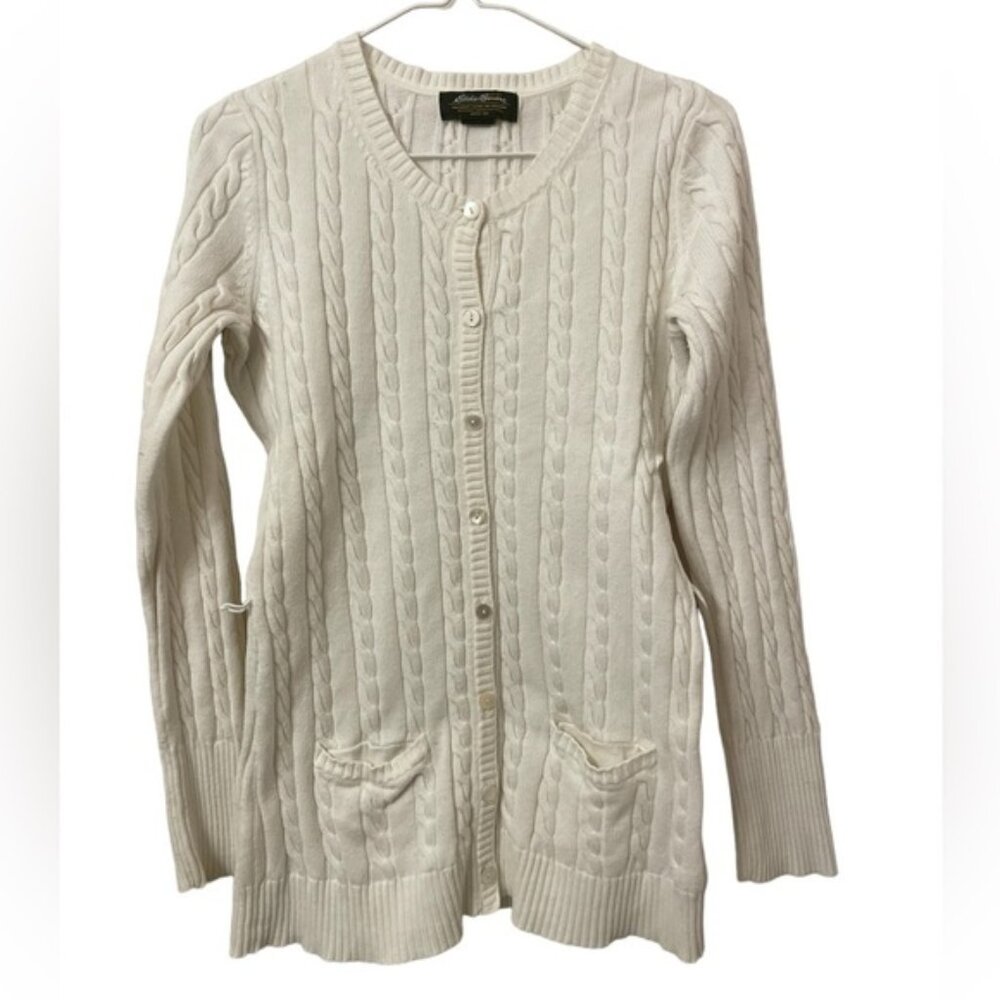 EDDIE BAUER white cable knit cardigan sweater butting front Medium